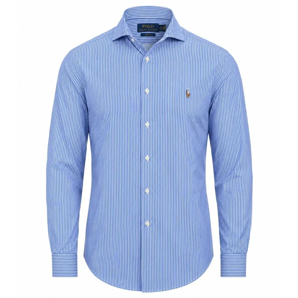 Polo Ralph Lauren Slim Fit Blue White Stripe Dress Shirt Mens 17.5 34/35
